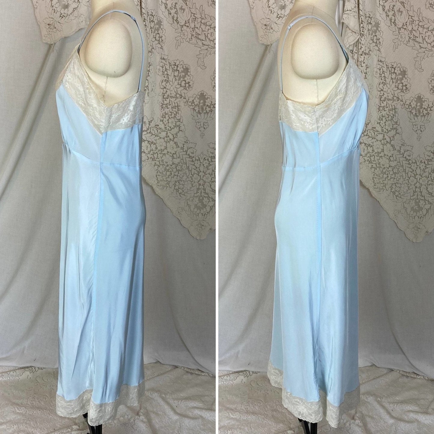 Vintage 1940's Slip | Creamy Pastel Blue Rayon with Ivory Cotton Lace | Size S, M | Superfit - Daggers & Dames