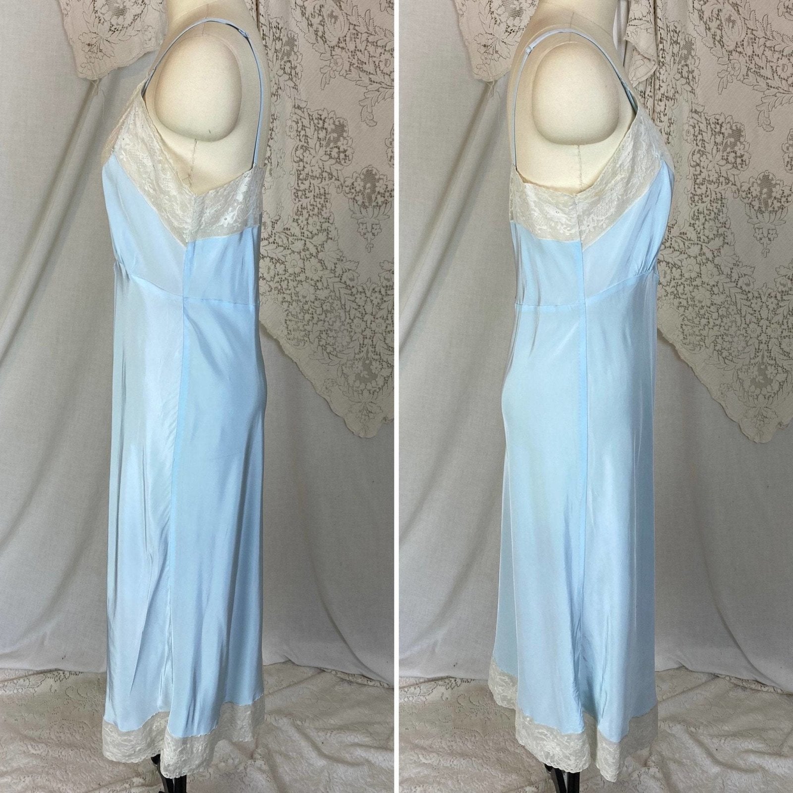 Vintage 1940's Slip | Creamy Pastel Blue Rayon with Ivory Cotton Lace | Size S, M | Superfit - Daggers & Dames
