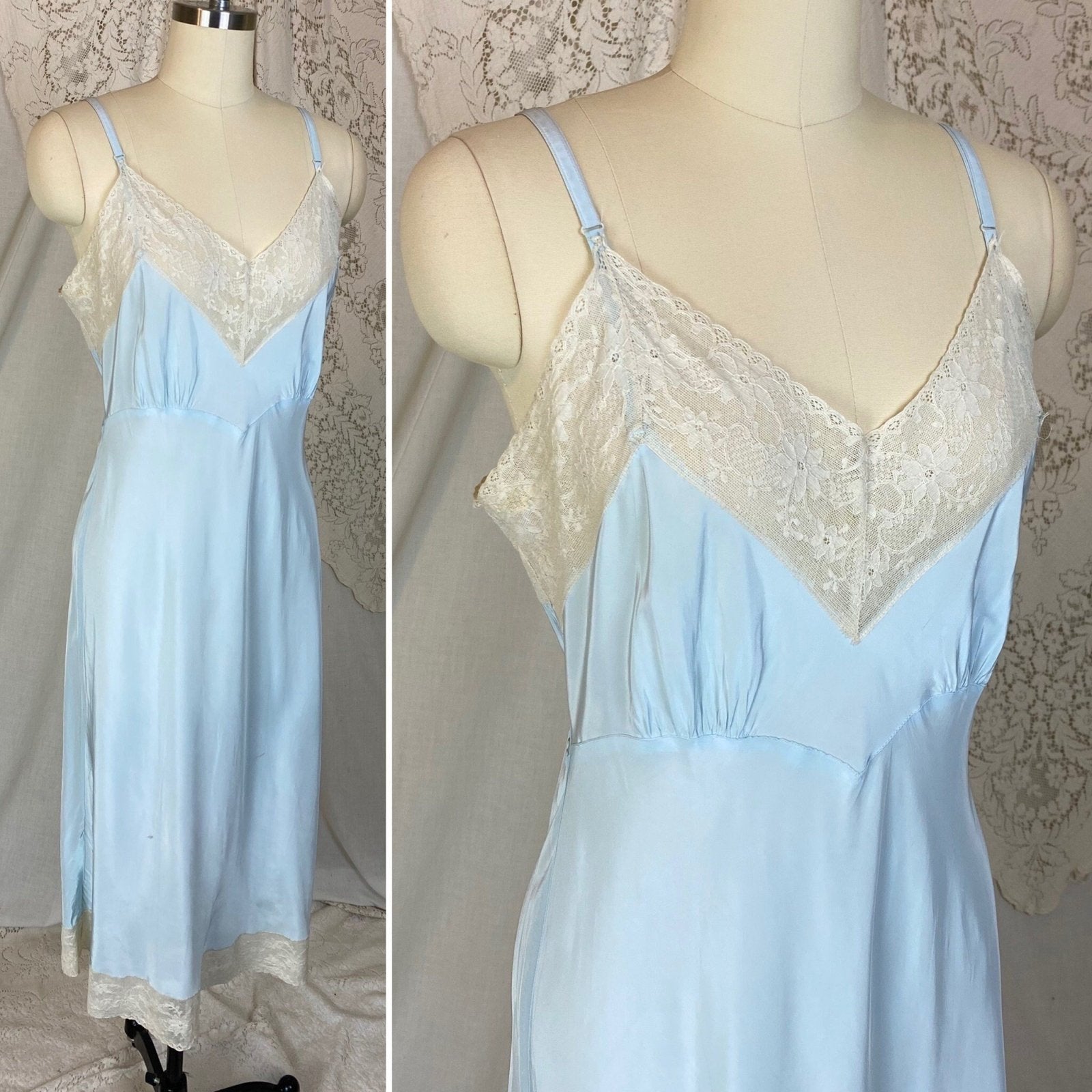Vintage 1940's Slip | Creamy Pastel Blue Rayon with Ivory Cotton Lace | Size S, M | Superfit - Daggers & Dames