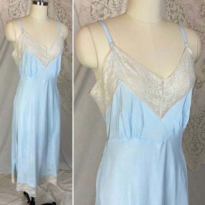 Vintage 1940's Slip | Creamy Pastel Blue Rayon with Ivory Cotton Lace | Size S, M | Superfit - Daggers & Dames
