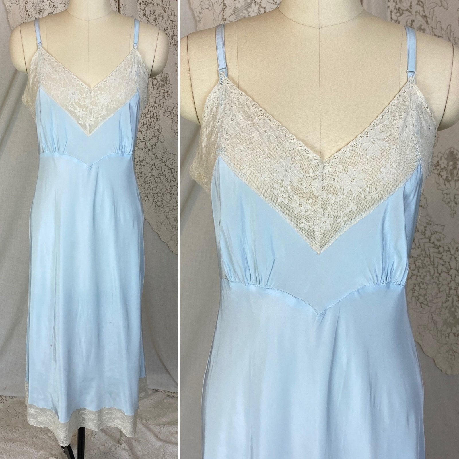 Vintage 1940's Slip | Creamy Pastel Blue Rayon with Ivory Cotton Lace | Size S, M | Superfit - Daggers & Dames