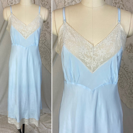 Vintage 1940's Slip | Creamy Pastel Blue Rayon with Ivory Cotton Lace | Size S, M | Superfit - Daggers & Dames