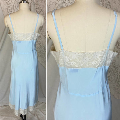Vintage 1940's Slip | Creamy Pastel Blue Rayon with Ivory Cotton Lace | Size S, M | Superfit - Daggers & Dames