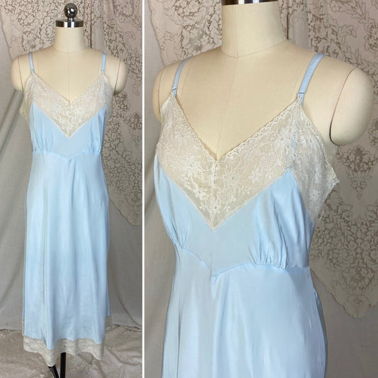 Vintage 1940's Slip | Creamy Pastel Blue Rayon with Ivory Cotton Lace | Size S, M | Superfit - Daggers & Dames