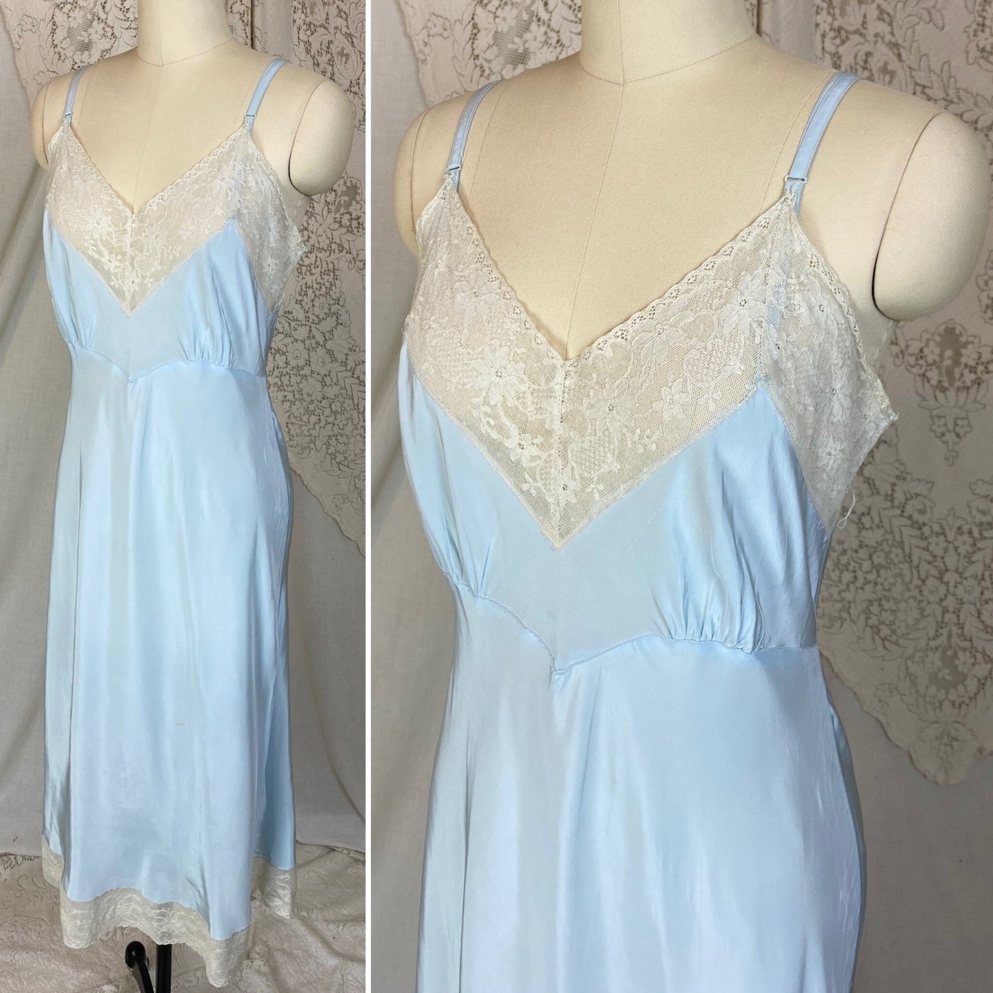 Vintage 1940's Slip | Creamy Pastel Blue Rayon with Ivory Cotton Lace | Size S, M | Superfit - Daggers & Dames