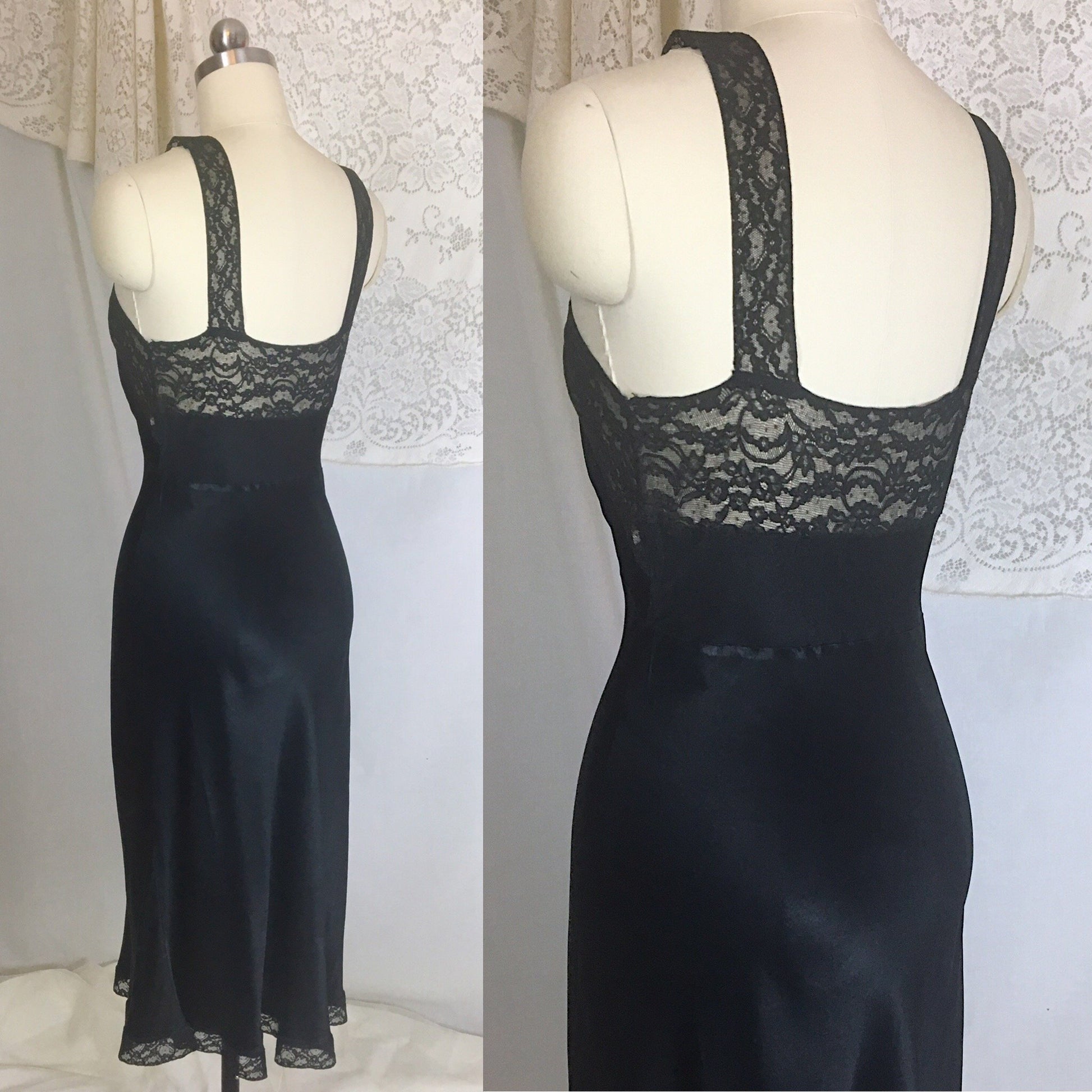 Vintage 1940's Slip | Deep Black Silk with Lace | Fischer Heavenly Lingerie | Size XS - Daggers & Dames