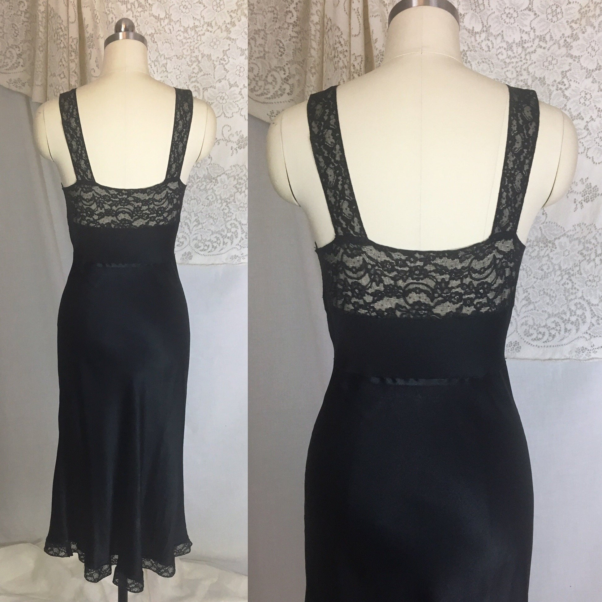 Vintage 1940's Slip | Deep Black Silk with Lace | Fischer Heavenly Lingerie | Size XS - Daggers & Dames