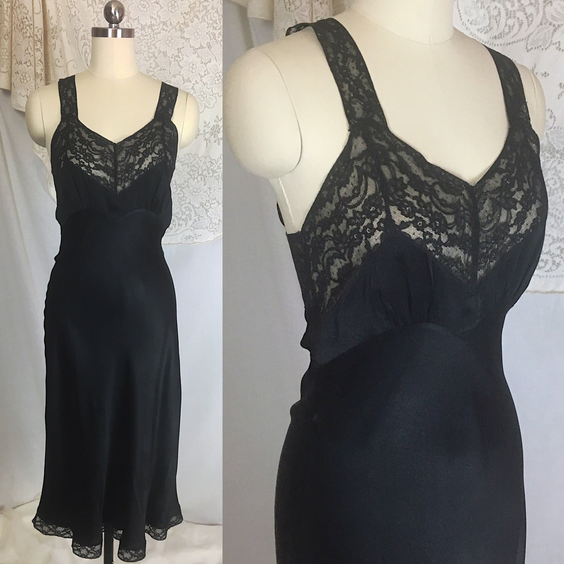 Vintage 1940's Slip | Deep Black Silk with Lace | Fischer Heavenly Lingerie | Size XS - Daggers & Dames