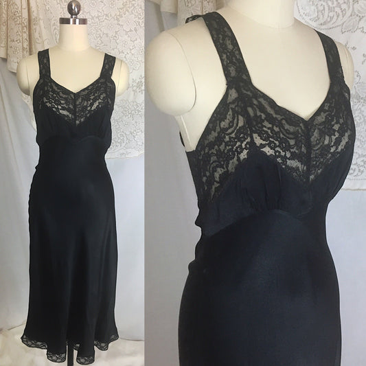 Vintage 1940's Slip | Deep Black Silk with Lace | Fischer Heavenly Lingerie | Size XS - Daggers & Dames