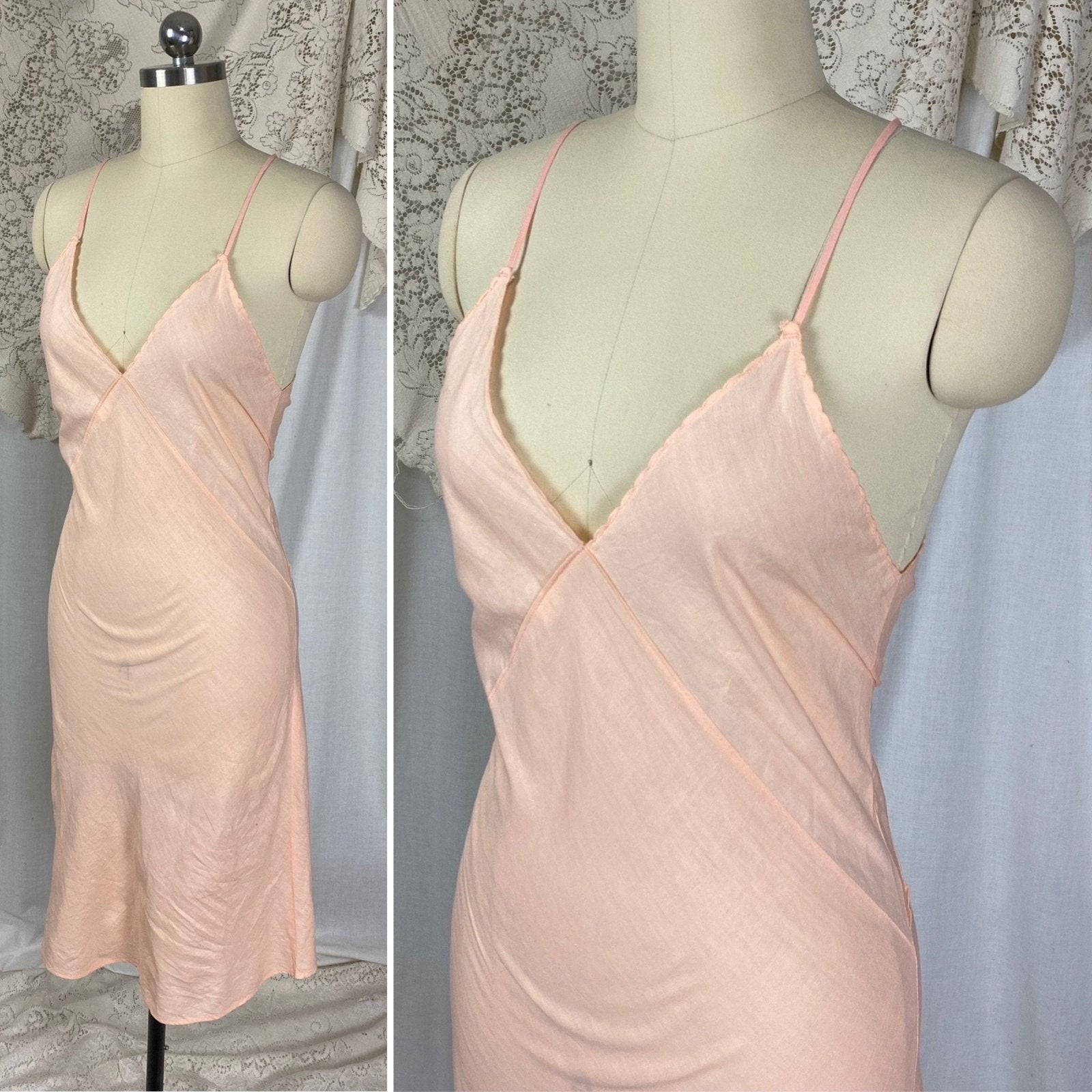 Vintage 1940's Slip Dress | Peachy Pink Soft Cotton with Deep Bias Cut | Size XS, S | Never Worn - Daggers & Dames