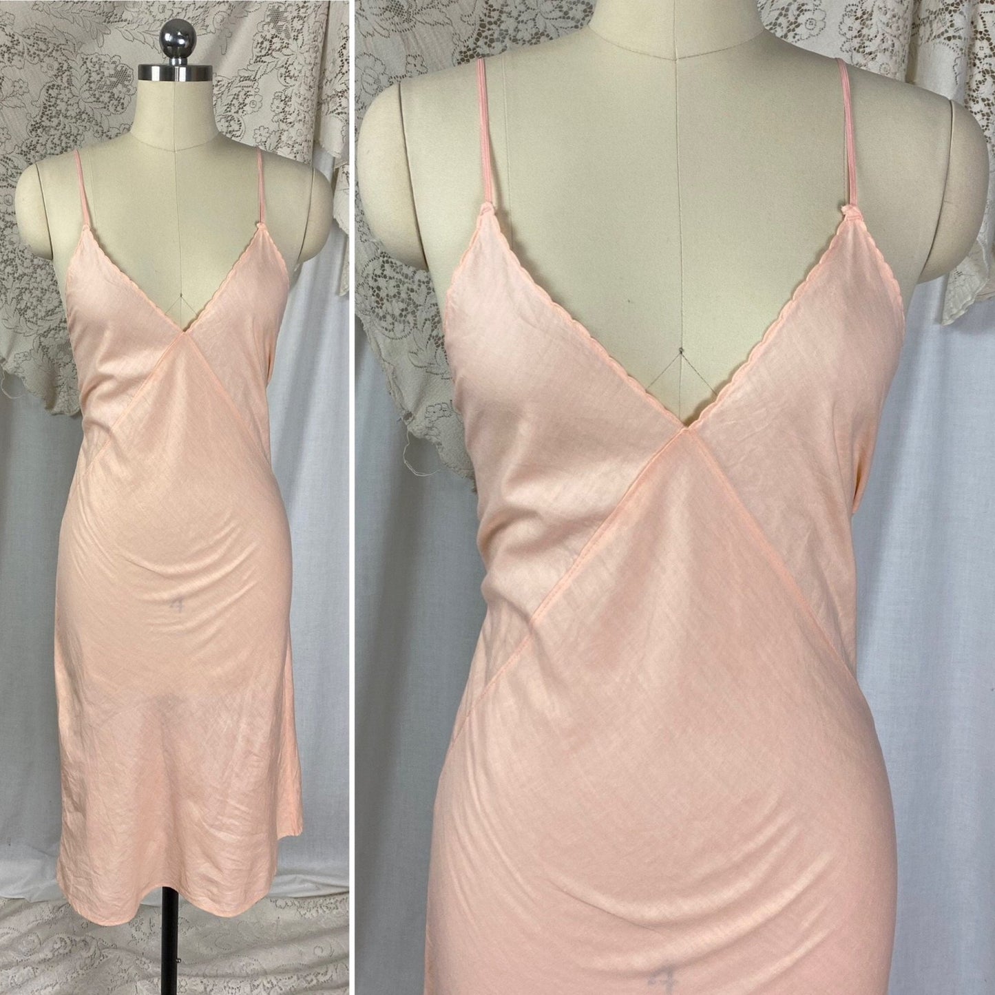 Vintage 1940's Slip Dress | Peachy Pink Soft Cotton with Deep Bias Cut | Size XS, S | Never Worn - Daggers & Dames