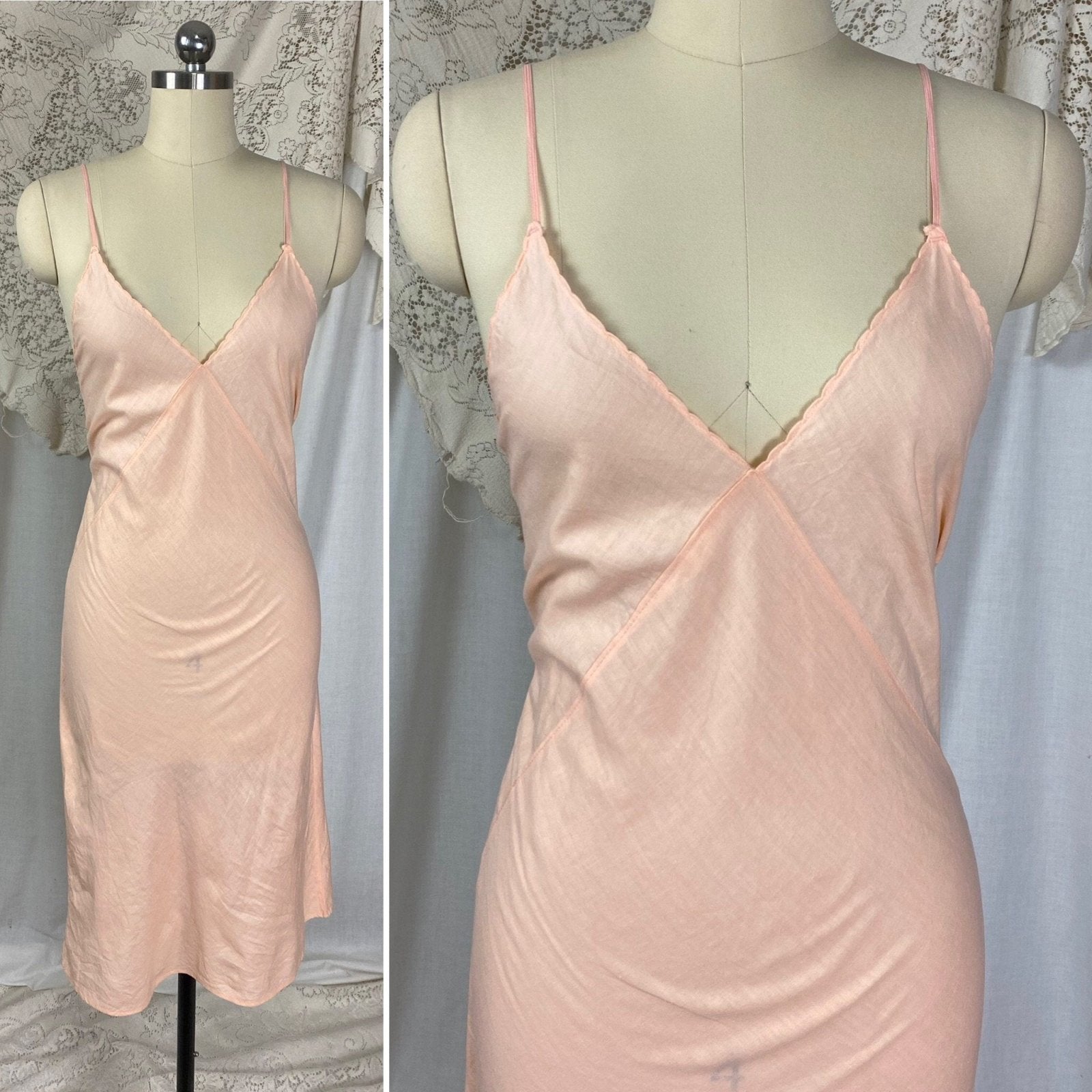 Vintage 1940's Slip Dress | Peachy Pink Soft Cotton with Deep Bias Cut | Size XS, S | Never Worn - Daggers & Dames