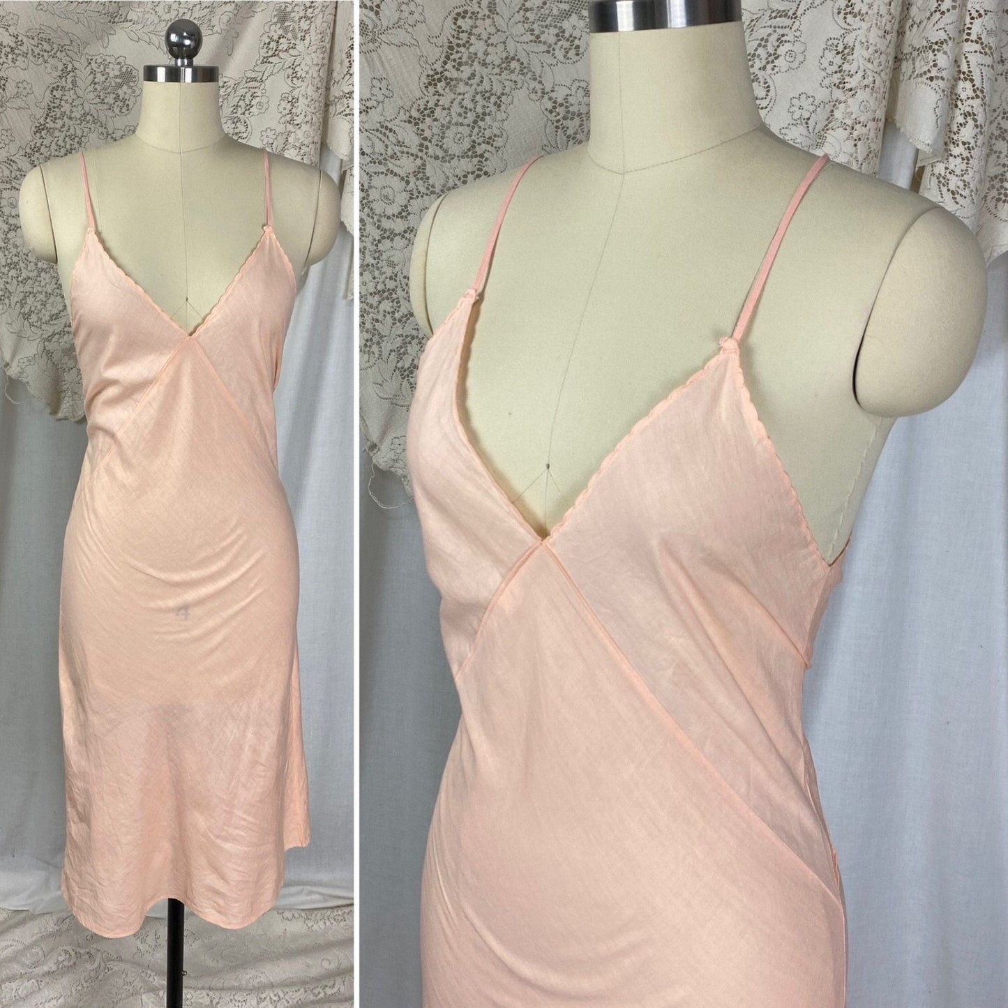Vintage 1940's Slip Dress | Peachy Pink Soft Cotton with Deep Bias Cut | Size XS, S | Never Worn - Daggers & Dames