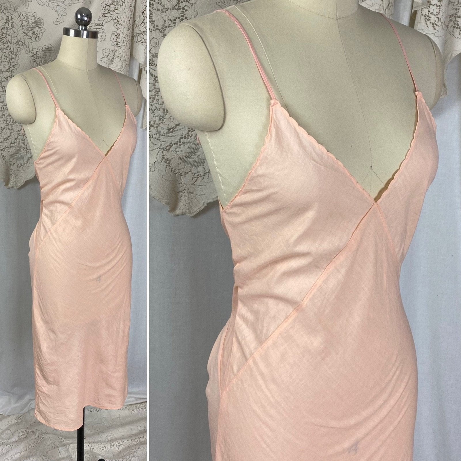Vintage 1940's Slip Dress | Peachy Pink Soft Cotton with Deep Bias Cut | Size XS, S | Never Worn - Daggers & Dames