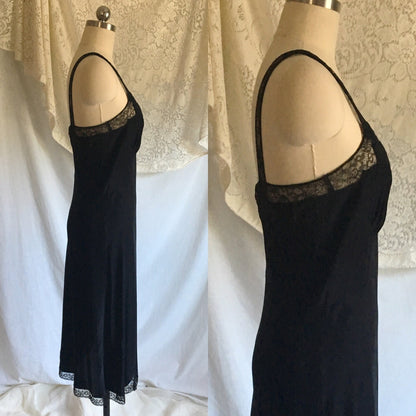 Vintage 1940's Slip | Ebony Black Rayon with Lace & Bias Cut with Bow Appliques | Barbizon | Size S - Daggers & Dames