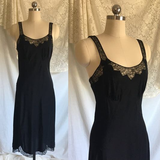Vintage 1940's Slip | Ebony Black Rayon with Lace & Bias Cut with Bow Appliques | Barbizon | Size S - Daggers & Dames