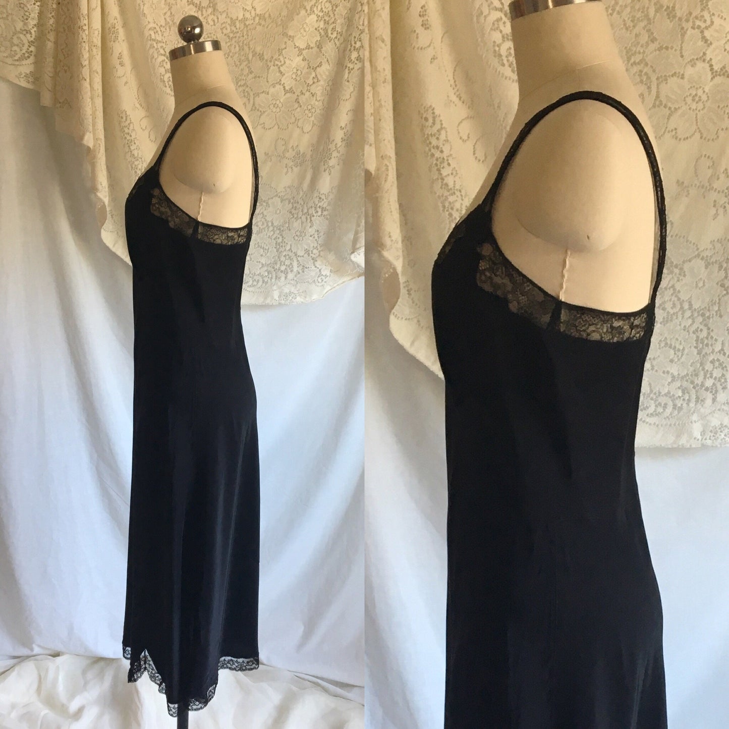 Vintage 1940's Slip | Ebony Black Rayon with Lace & Bias Cut with Bow Appliques | Barbizon | Size S - Daggers & Dames