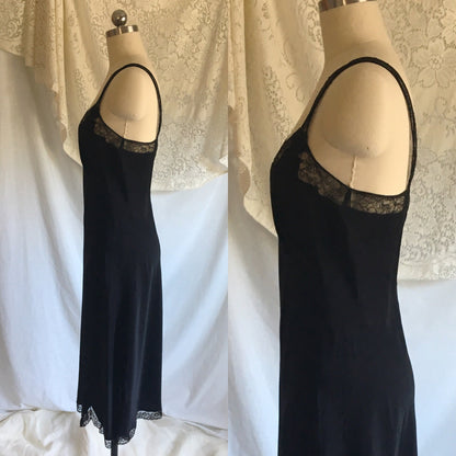 Vintage 1940's Slip | Ebony Black Rayon with Lace & Bias Cut with Bow Appliques | Barbizon | Size S - Daggers & Dames