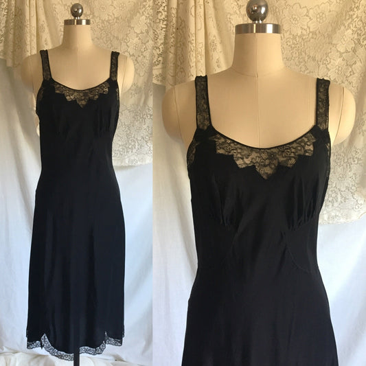 Vintage 1940's Slip | Ebony Black Rayon with Lace & Bias Cut with Bow Appliques | Barbizon | Size S - Daggers & Dames