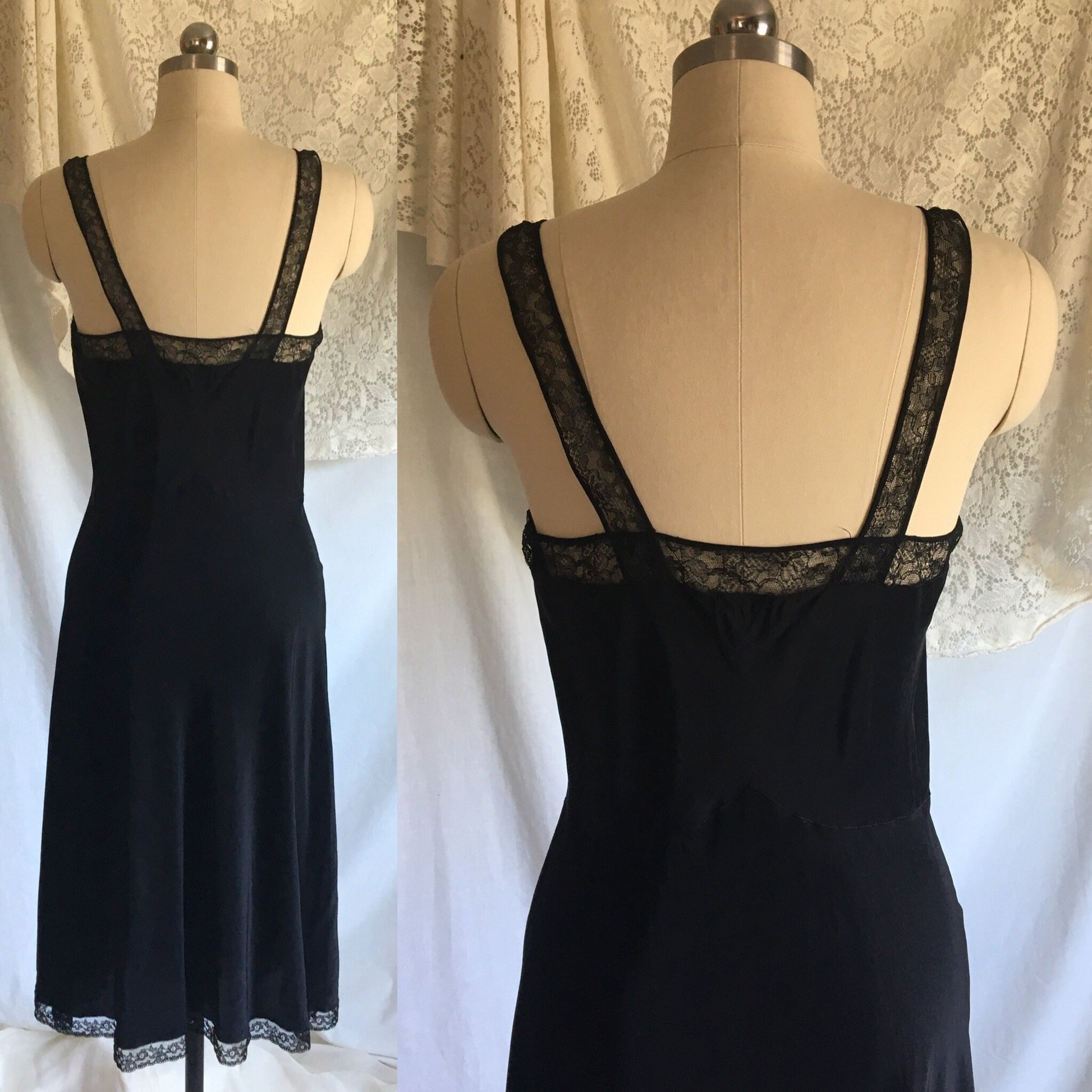 Vintage 1940's Slip | Ebony Black Rayon with Lace & Bias Cut with Bow Appliques | Barbizon | Size S - Daggers & Dames