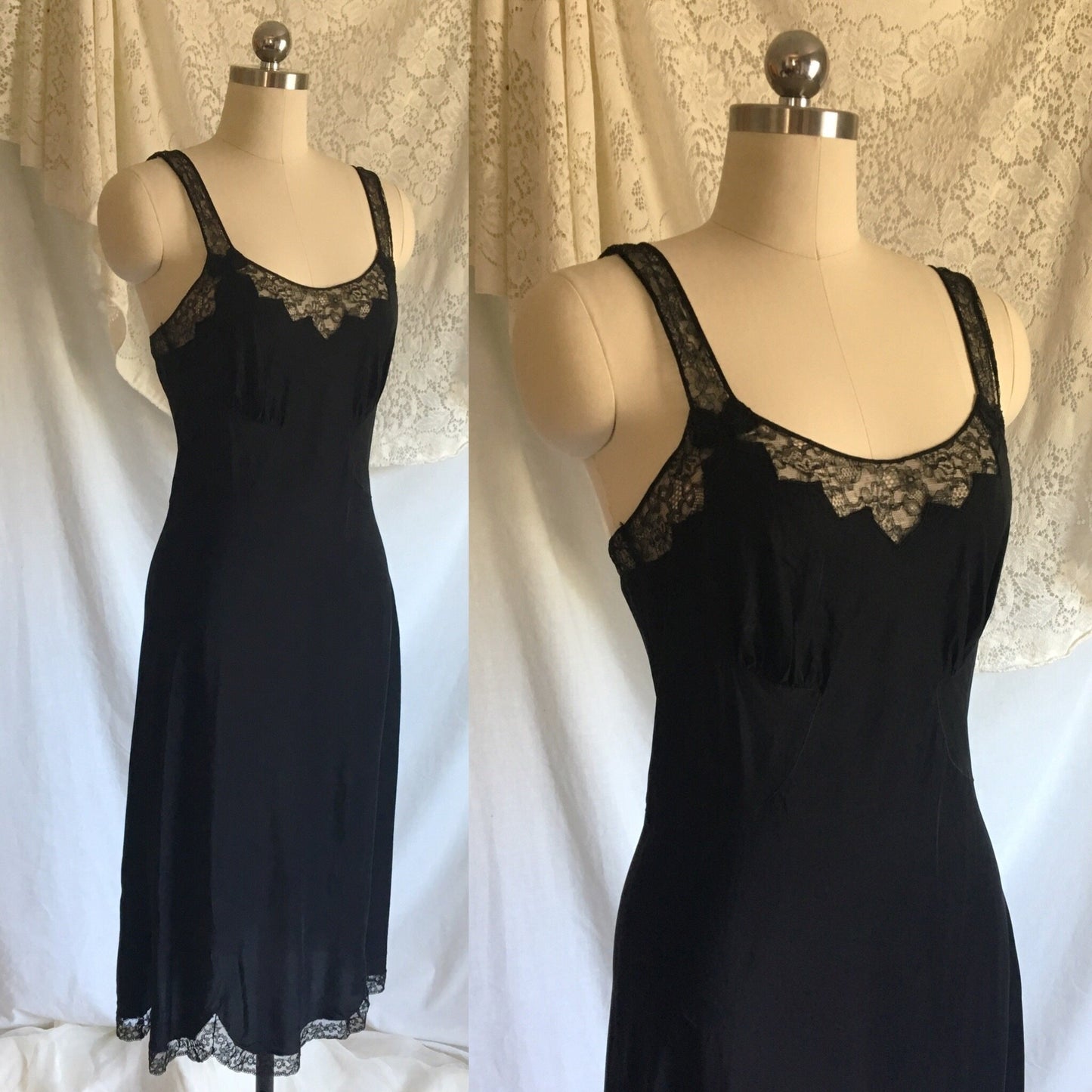 Vintage 1940's Slip | Ebony Black Rayon with Lace & Bias Cut with Bow Appliques | Barbizon | Size S - Daggers & Dames