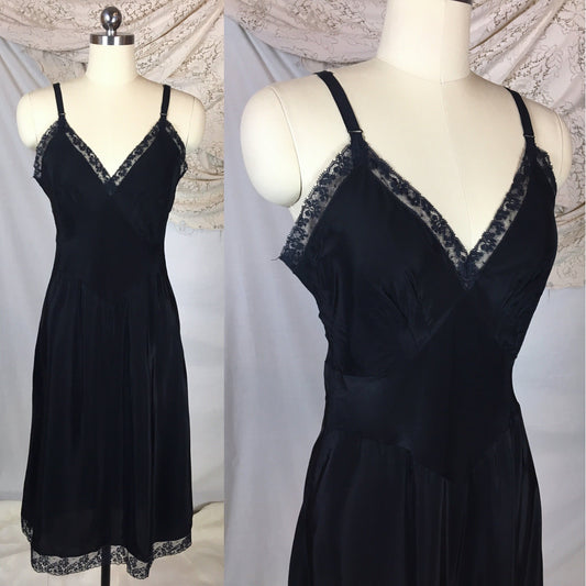 Vintage 1940's Slip | Inky Black Cold Rayon with Lace | Corette -Never Worn with Tag | Size SM, MED - Daggers & Dames