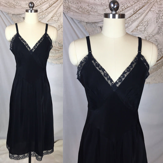 Vintage 1940's Slip | Inky Black Cold Rayon with Lace | Corette -Never Worn with Tag | Size SM, MED - Daggers & Dames