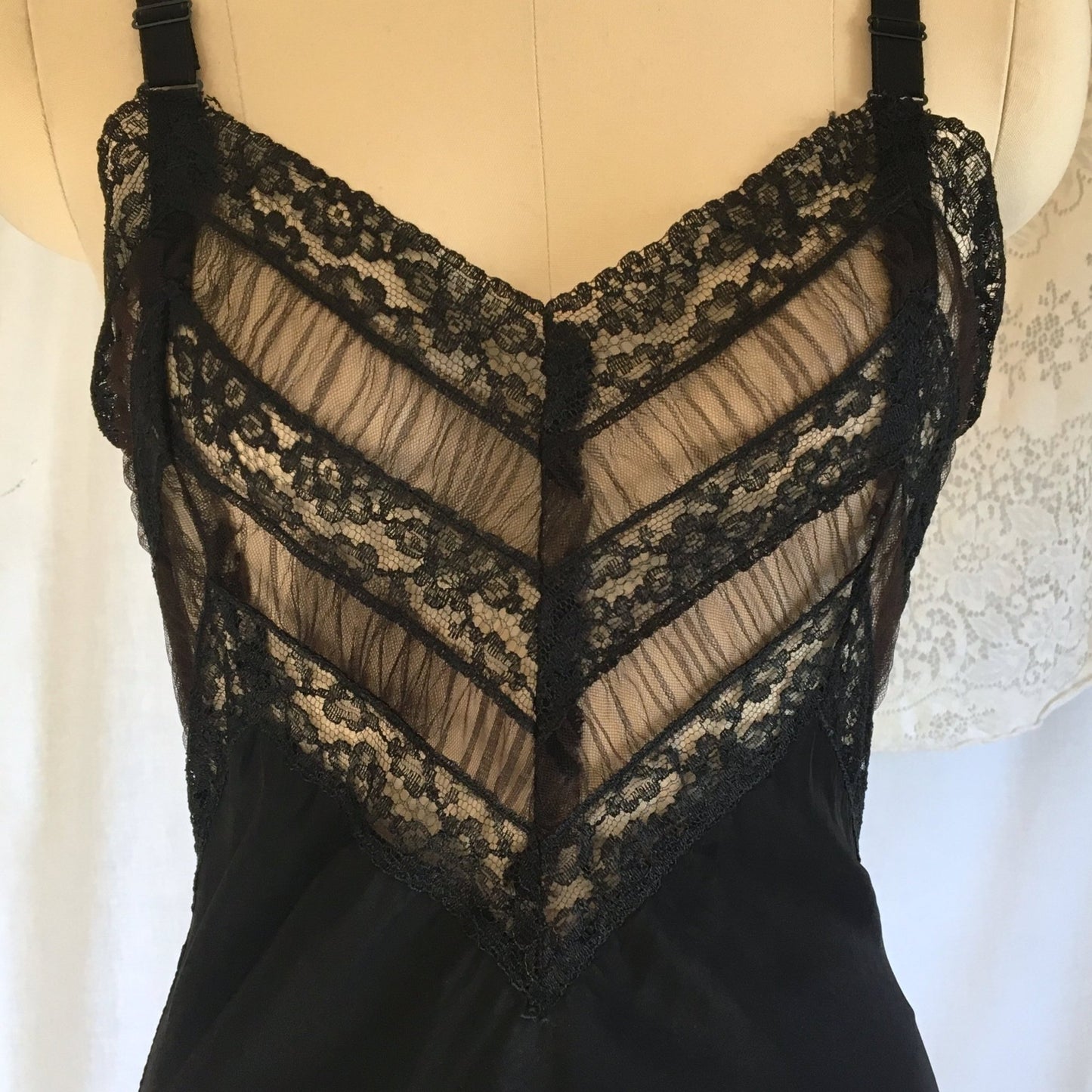 Vintage 1940's Slip | Inky Black Rayon with Sheer Ruffled Tulle & Lace | Size XS - Daggers & Dames