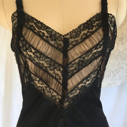 Vintage 1940's Slip | Inky Black Rayon with Sheer Ruffled Tulle & Lace | Size XS - Daggers & Dames