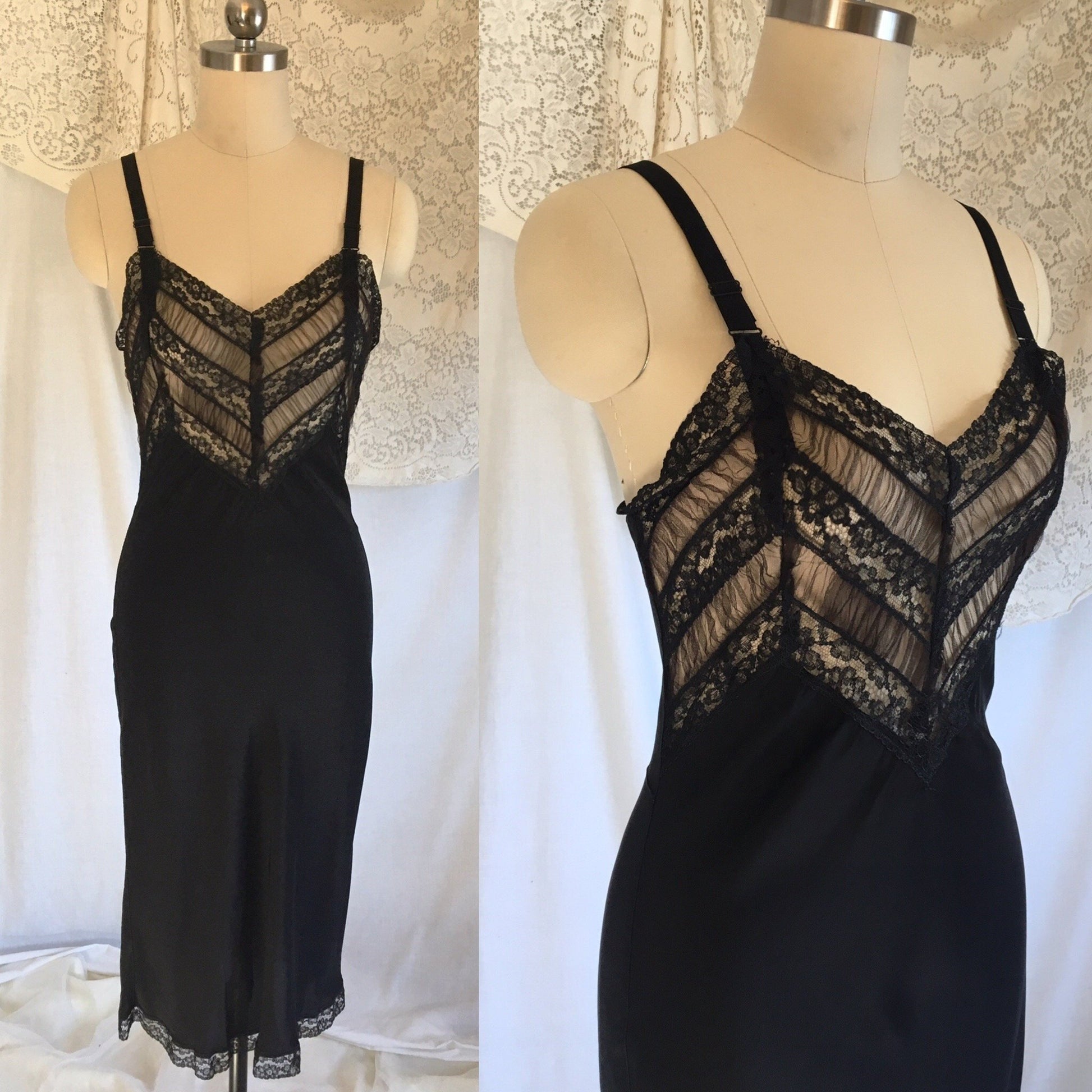 Vintage 1940's Slip | Inky Black Rayon with Sheer Ruffled Tulle & Lace | Size XS - Daggers & Dames