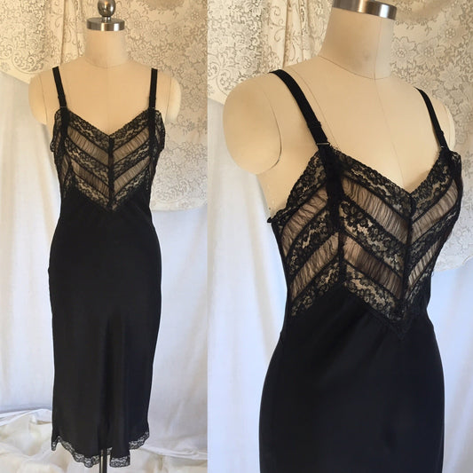 Vintage 1940's Slip | Inky Black Rayon with Sheer Ruffled Tulle & Lace | Size XS - Daggers & Dames