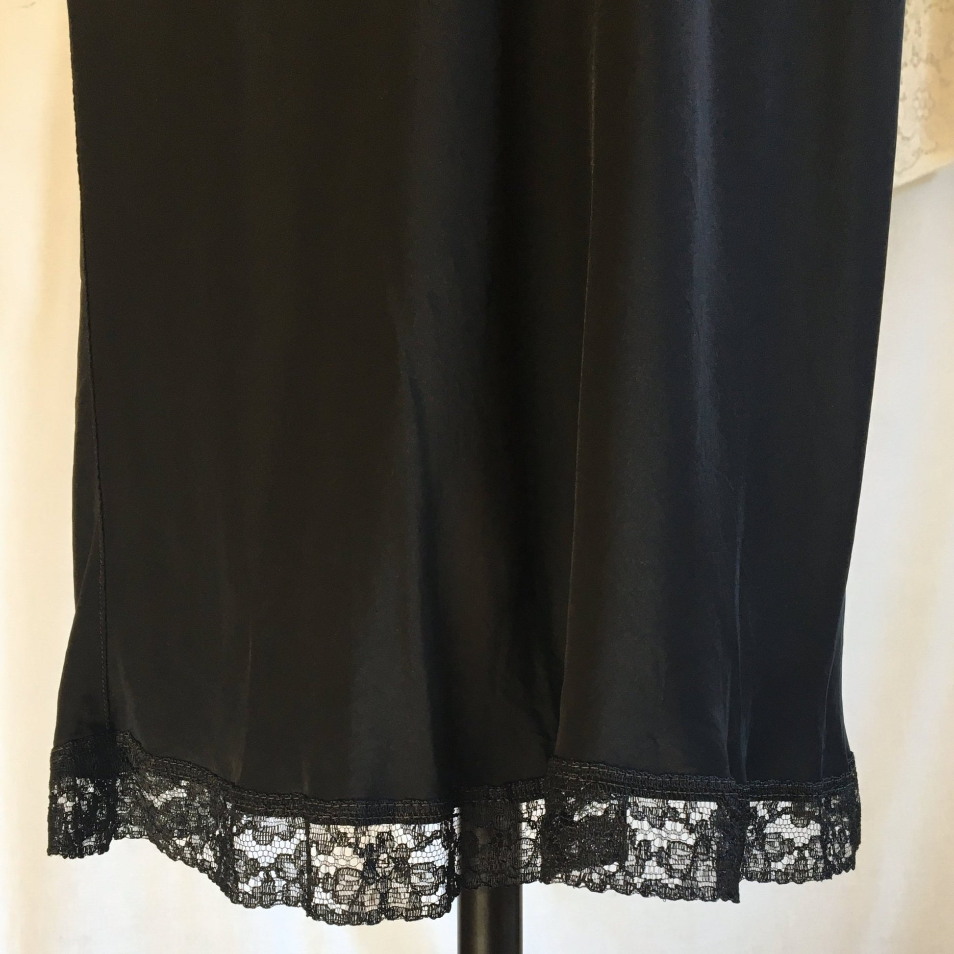 Vintage 1940's Slip | Inky Black Rayon with Sheer Ruffled Tulle & Lace | Size XS - Daggers & Dames