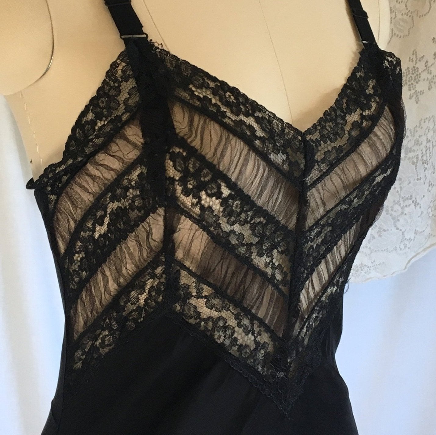 Vintage 1940's Slip | Inky Black Rayon with Sheer Ruffled Tulle & Lace | Size XS - Daggers & Dames