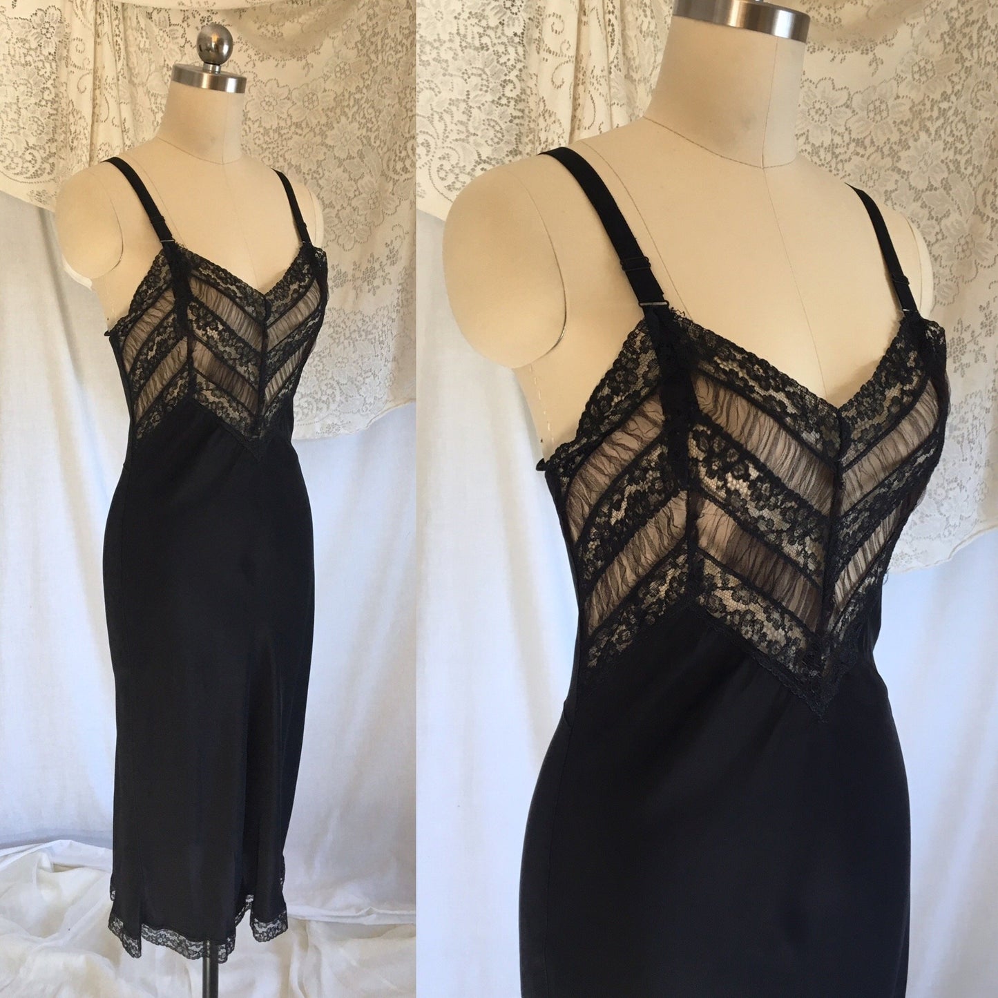Vintage 1940's Slip | Inky Black Rayon with Sheer Ruffled Tulle & Lace | Size XS - Daggers & Dames