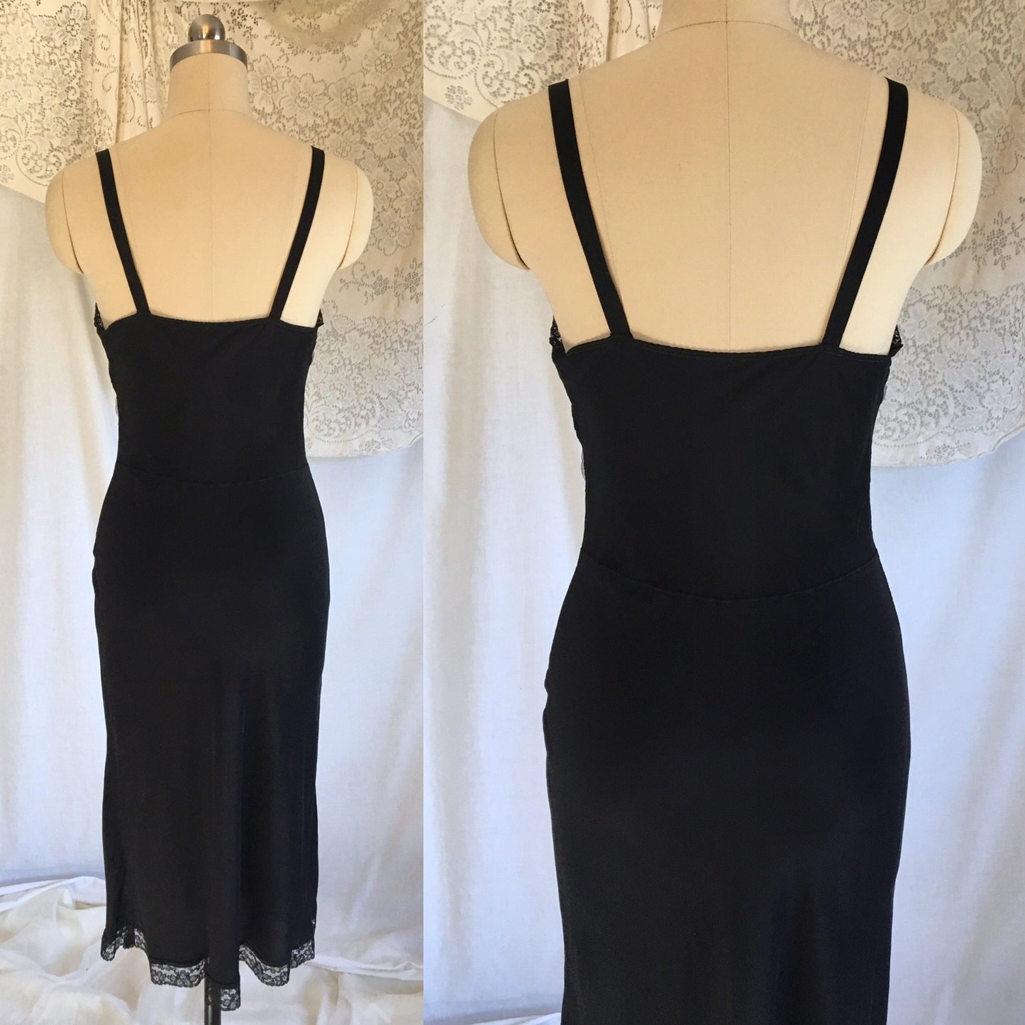 Vintage 1940's Slip | Inky Black Rayon with Sheer Ruffled Tulle & Lace | Size XS - Daggers & Dames