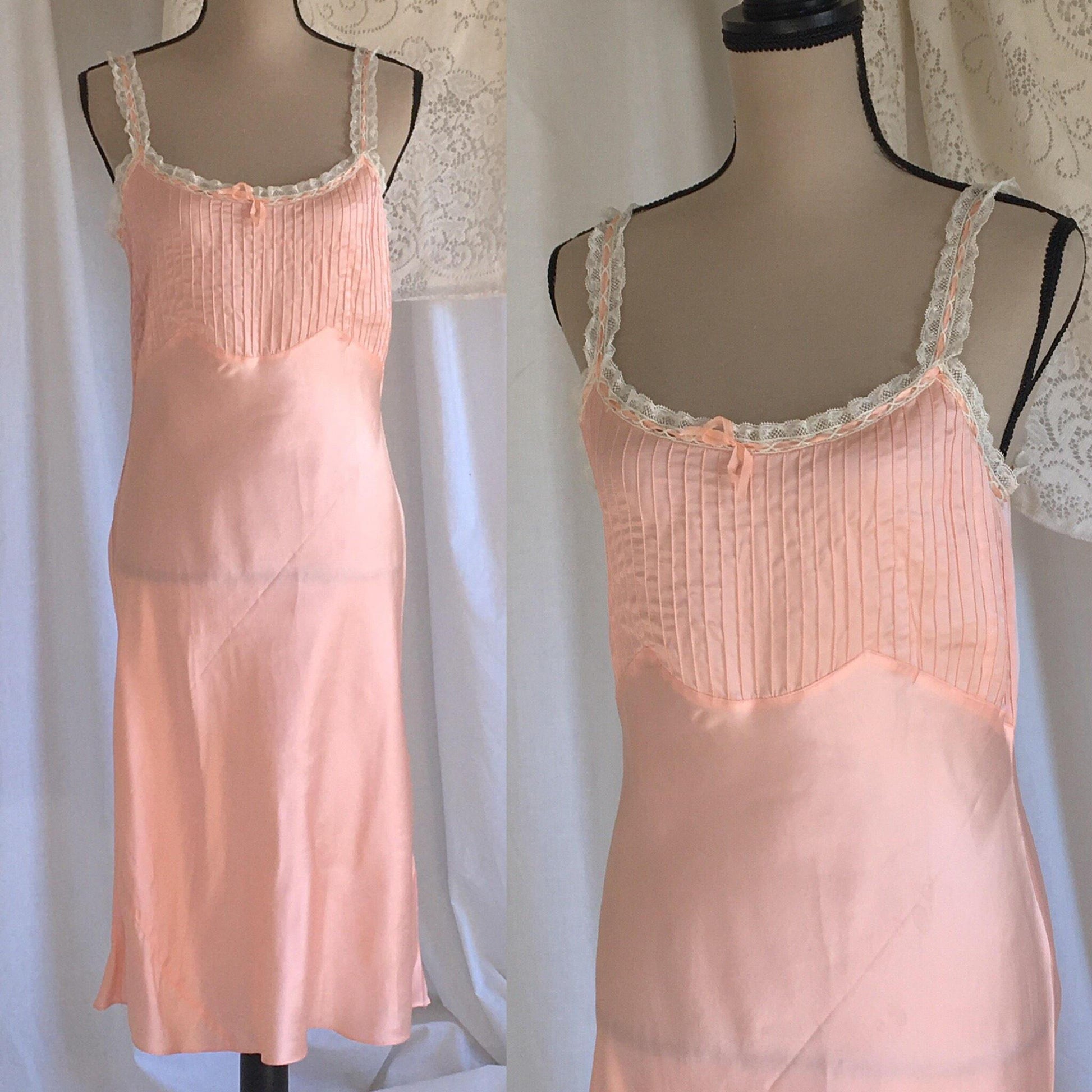 Vintage 1940's Slip | Light Pink Rayon Satin & White Lace Ruffled Straps | New Old Stock | Pintucking with Bias Cut Lingerie | Size M - Daggers & Dames