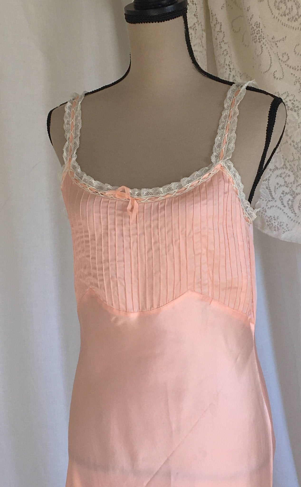 Vintage 1940's Slip | Light Pink Rayon Satin & White Lace Ruffled Straps | New Old Stock | Pintucking with Bias Cut Lingerie | Size M - Daggers & Dames