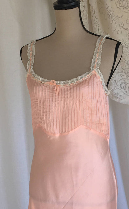 Vintage 1940's Slip | Light Pink Rayon Satin & White Lace Ruffled Straps | New Old Stock | Pintucking with Bias Cut Lingerie | Size M - Daggers & Dames
