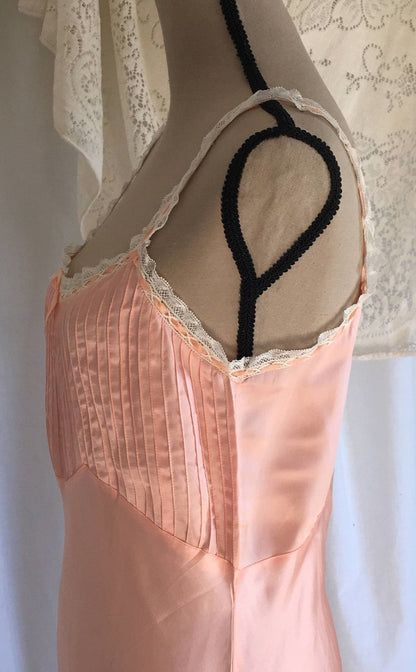 Vintage 1940's Slip | Light Pink Rayon Satin & White Lace Ruffled Straps | New Old Stock | Pintucking with Bias Cut Lingerie | Size M - Daggers & Dames