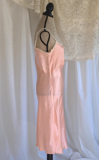 Vintage 1940's Slip | Light Pink Rayon Satin & White Lace Ruffled Straps | New Old Stock | Pintucking with Bias Cut Lingerie | Size M - Daggers & Dames