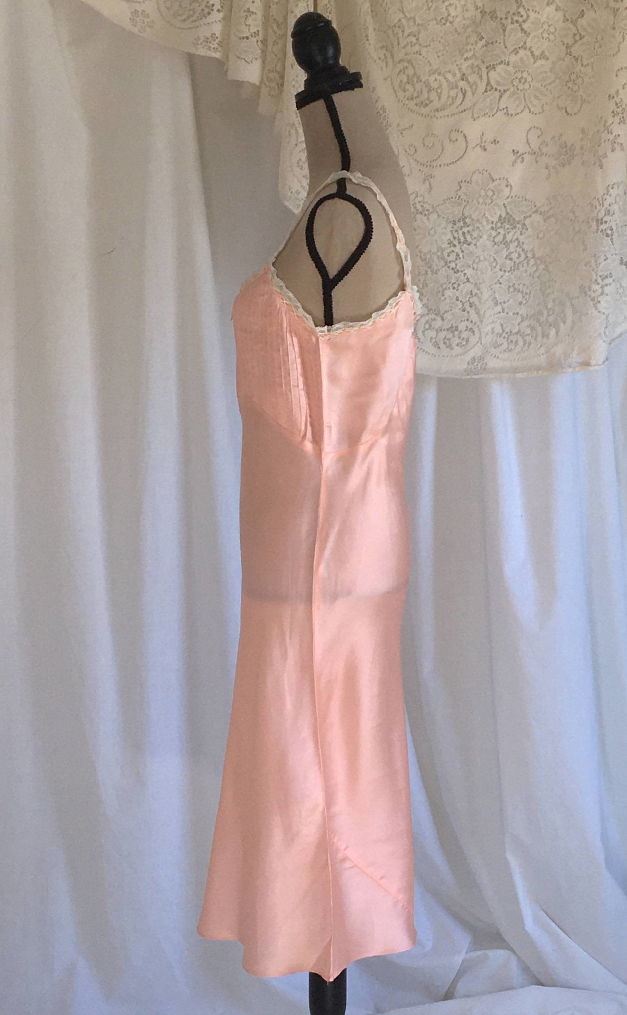 Vintage 1940's Slip | Light Pink Rayon Satin & White Lace Ruffled Straps | New Old Stock | Pintucking with Bias Cut Lingerie | Size M - Daggers & Dames