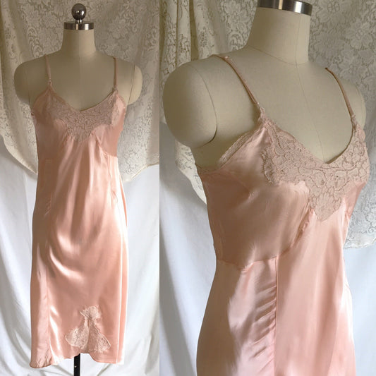 Vintage 1940's Slip | Light Pink Rayon Satin with Lace | Sear's | Size LG, XL - Daggers & Dames