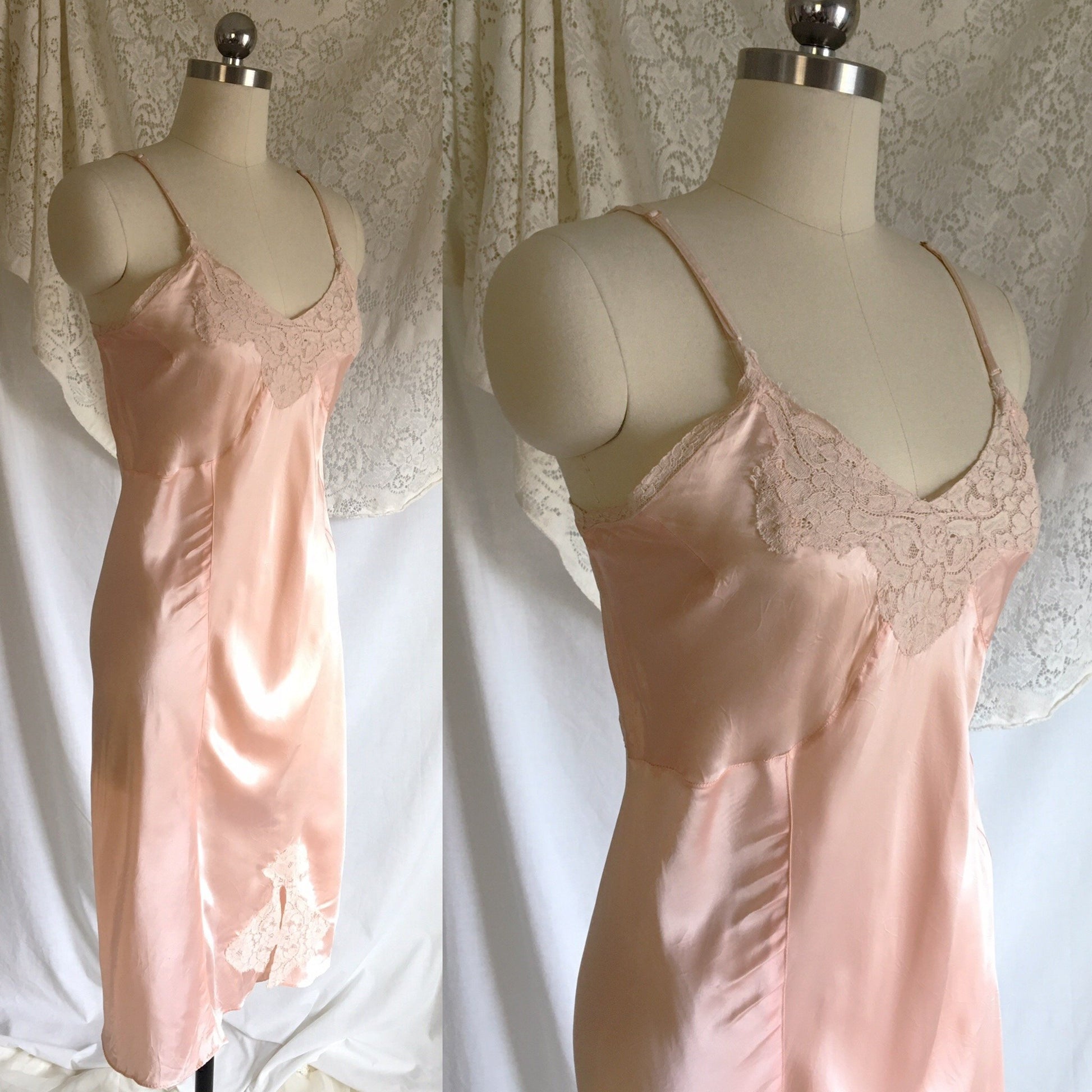 Vintage 1940's Slip | Light Pink Rayon Satin with Lace | Sear's | Size LG, XL - Daggers & Dames
