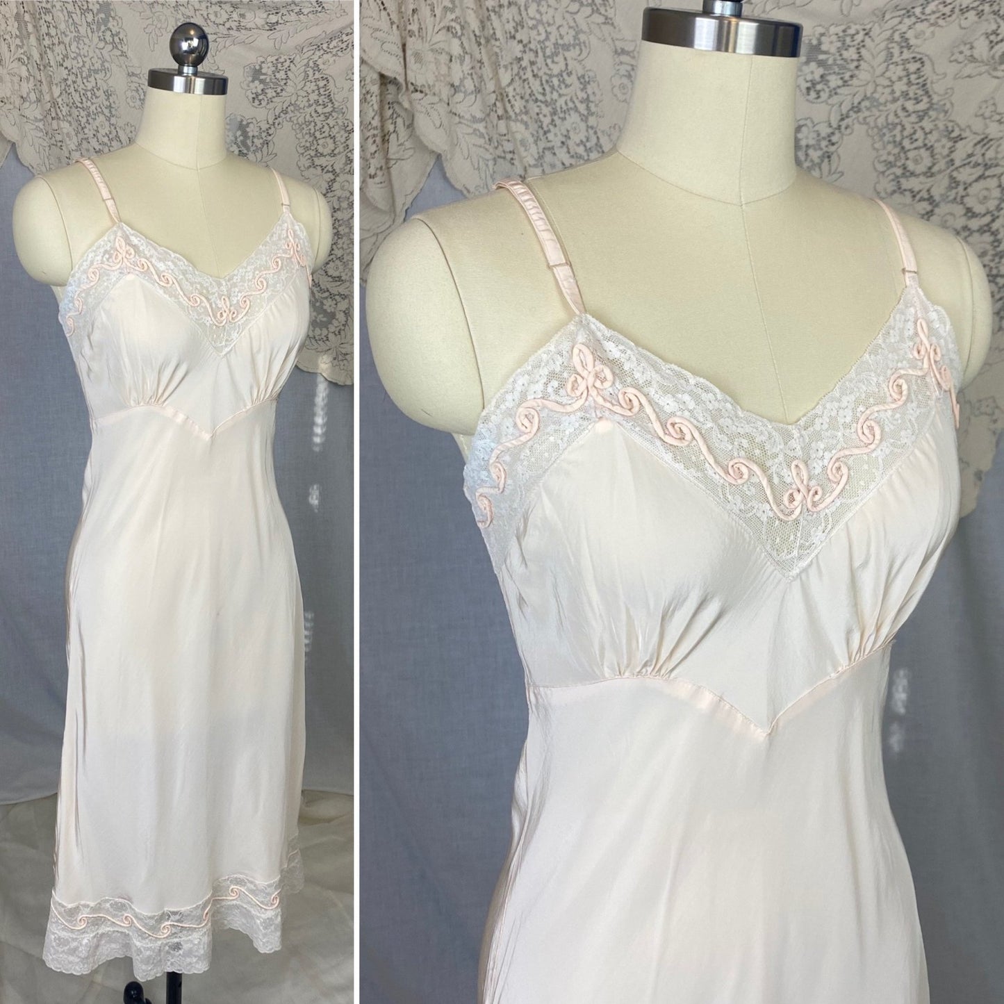 Vintage 1940's Slip | Light Pink Rayon with Ivory Lace & | Size S, M - Daggers & Dames