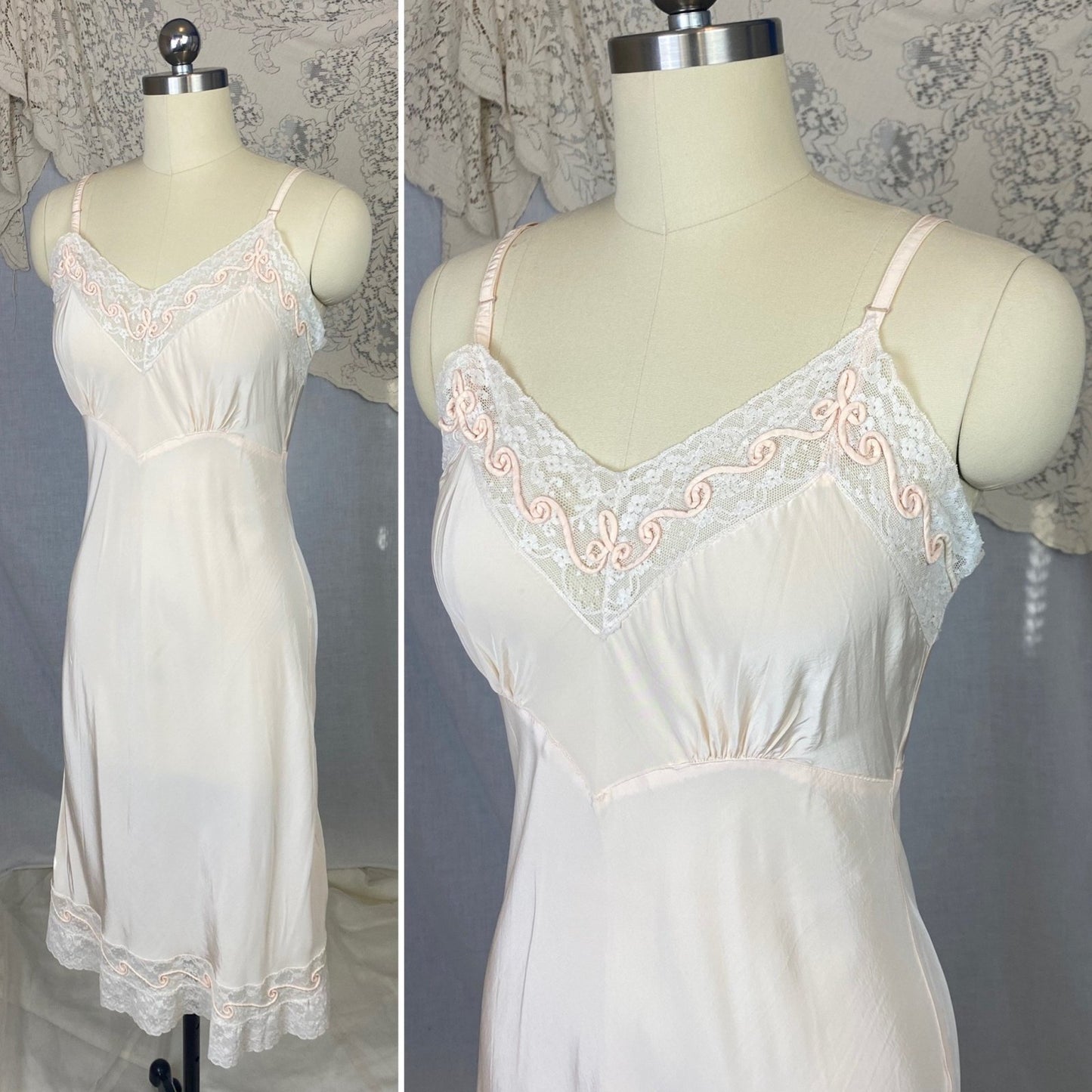Vintage 1940's Slip | Light Pink Rayon with Ivory Lace & | Size S, M - Daggers & Dames