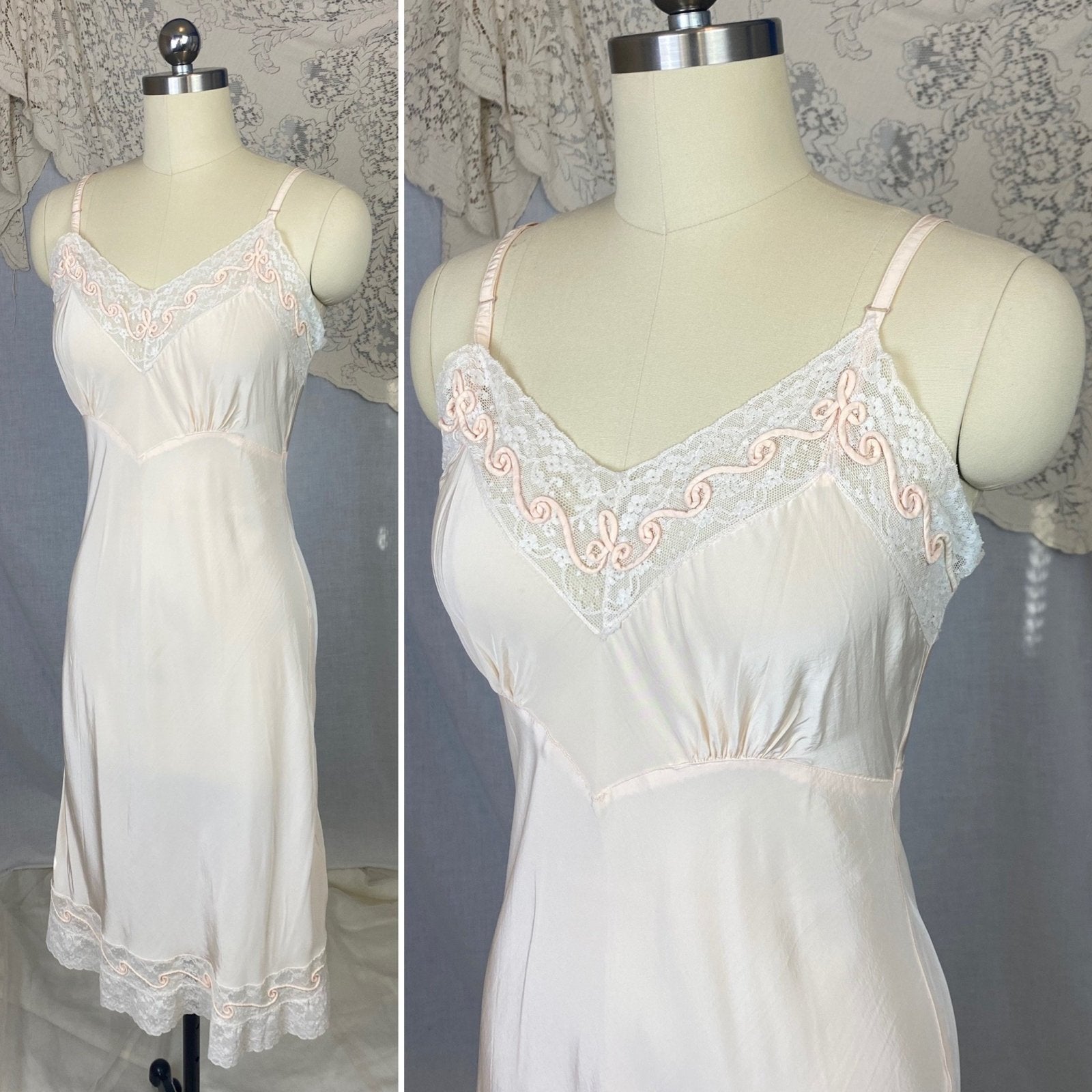 Vintage 1940's Slip | Light Pink Rayon with Ivory Lace & | Size S, M - Daggers & Dames
