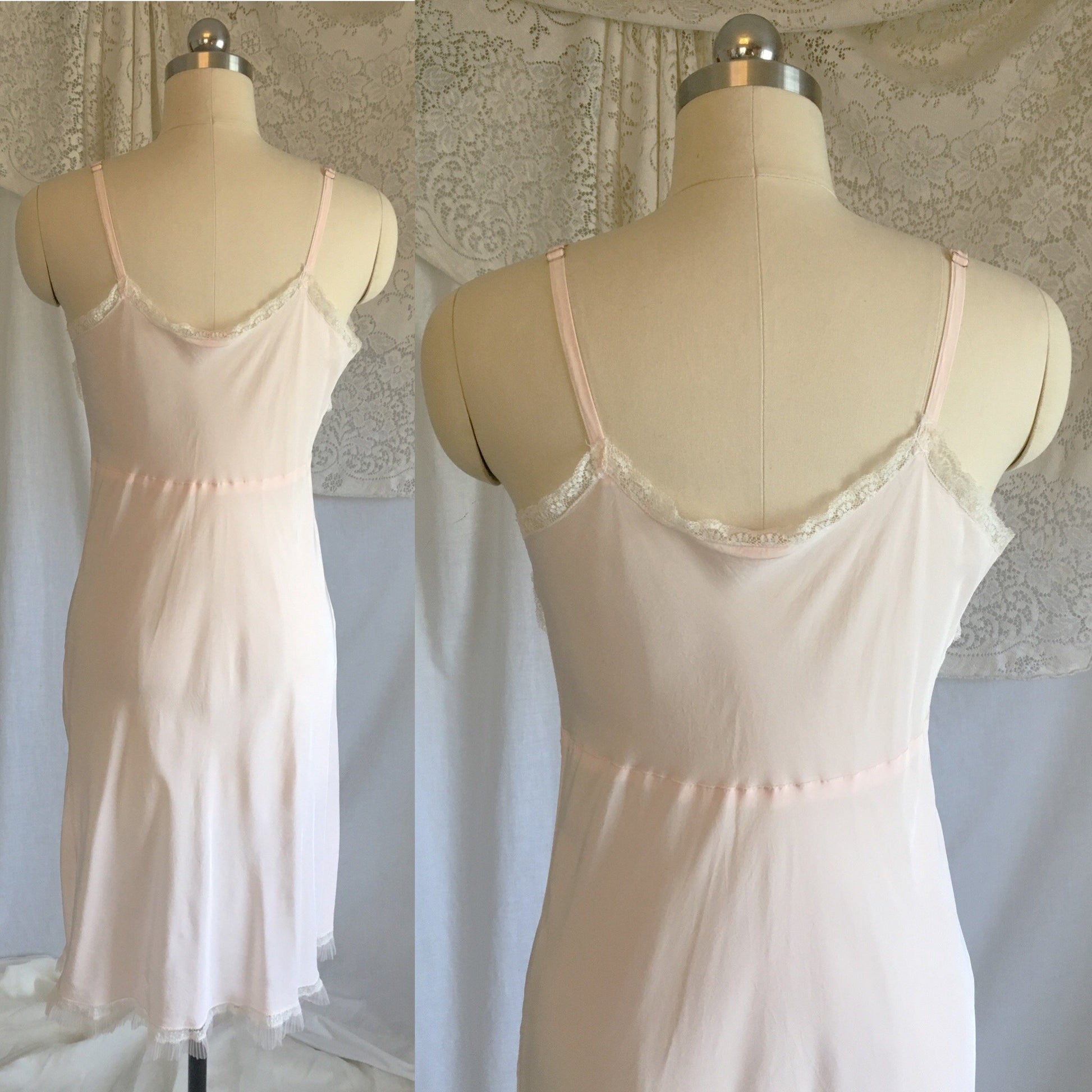 Vintage 1940's Slip | Light Powder Pink Rayon with White Pinstripe Tulle & Ruffled Lace | Lady Elizabeth Underwear | Size S - Daggers & Dames
