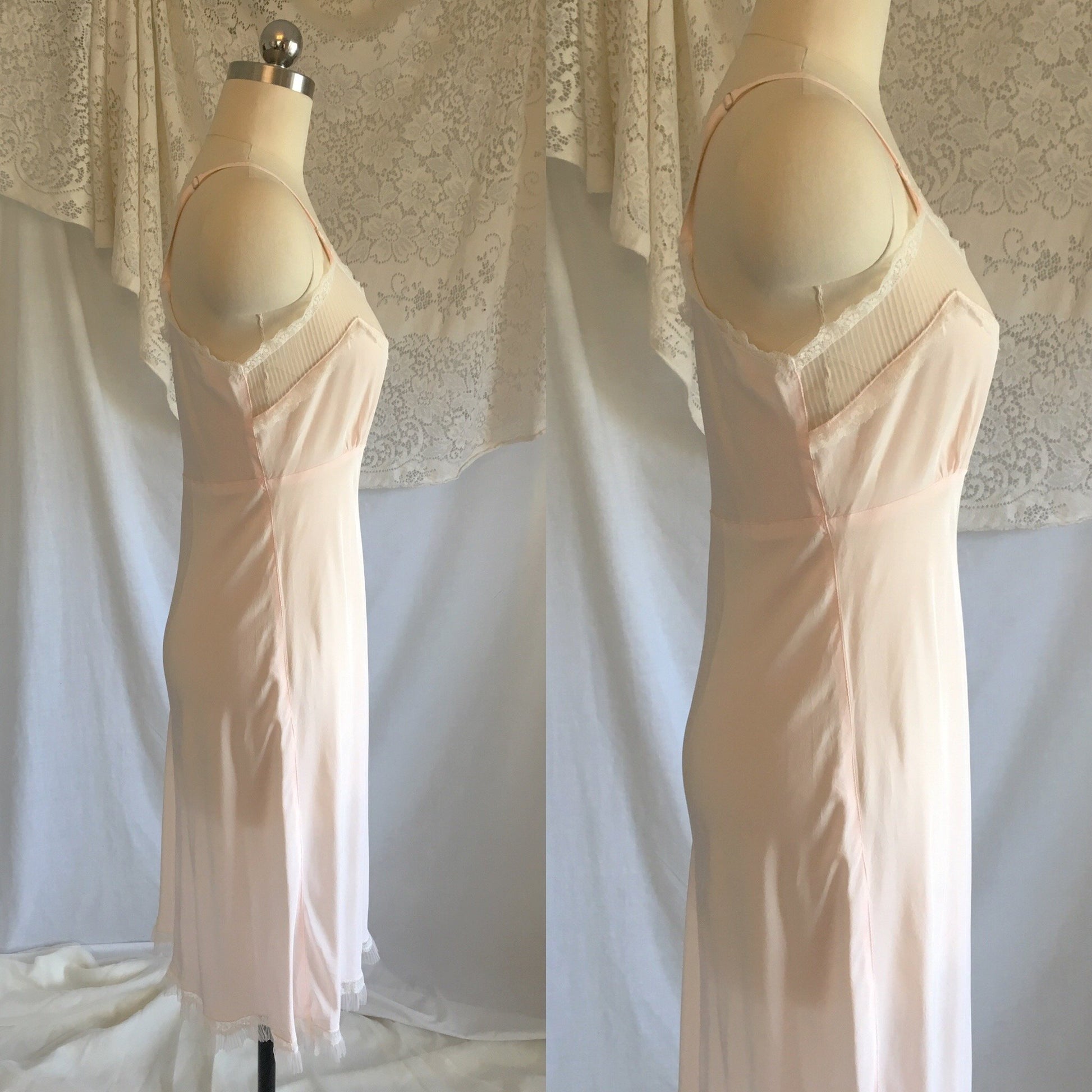 Vintage 1940's Slip | Light Powder Pink Rayon with White Pinstripe Tulle & Ruffled Lace | Lady Elizabeth Underwear | Size S - Daggers & Dames
