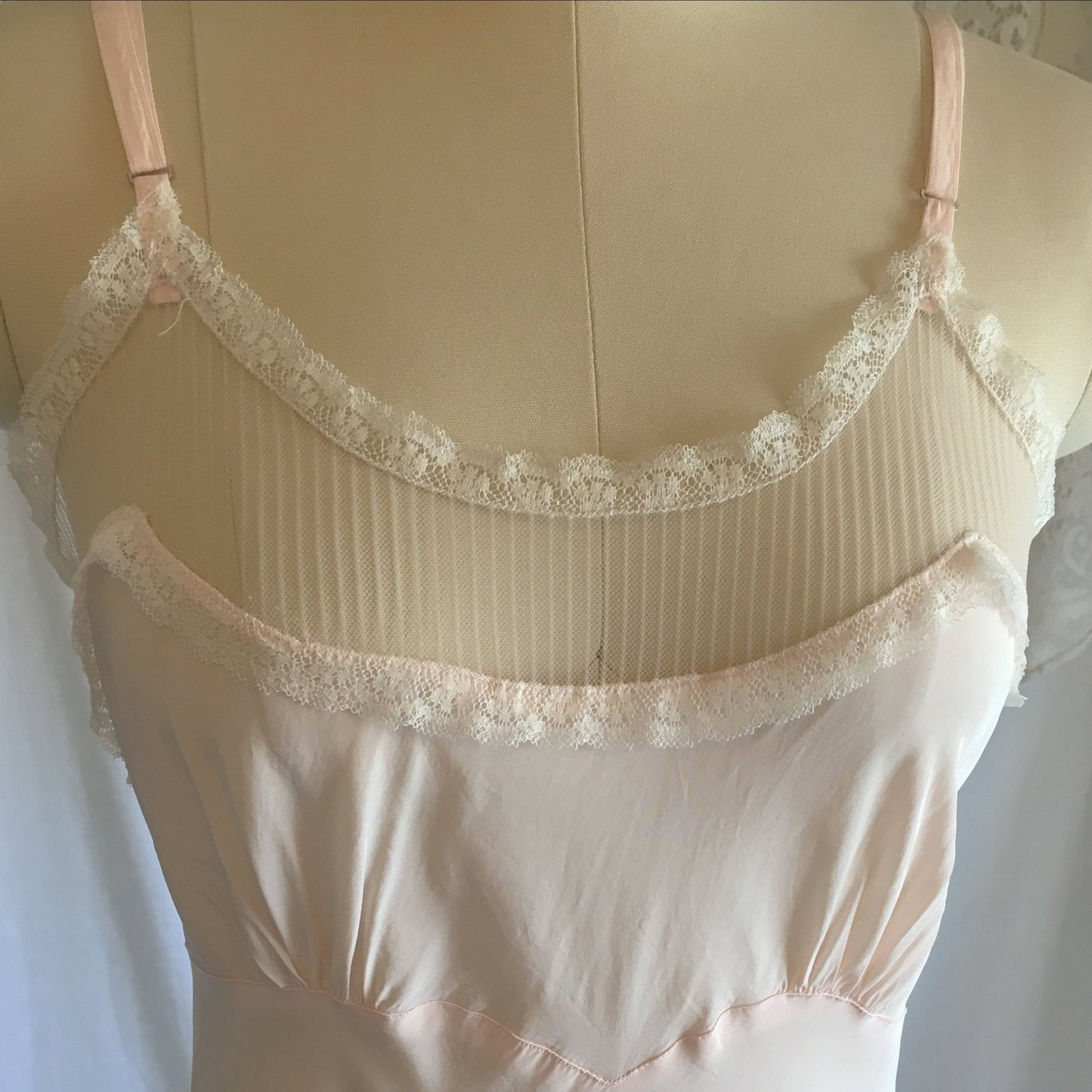 Vintage 1940's Slip | Light Powder Pink Rayon with White Pinstripe Tulle & Ruffled Lace | Lady Elizabeth Underwear | Size S - Daggers & Dames