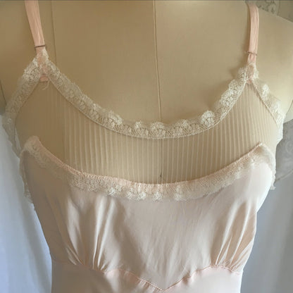 Vintage 1940's Slip | Light Powder Pink Rayon with White Pinstripe Tulle & Ruffled Lace | Lady Elizabeth Underwear | Size S - Daggers & Dames